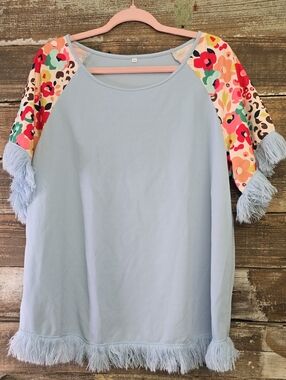 Women's Light Blue Fringe Short Sleeve Top with Floral Raglan Sleeves, Size 1X